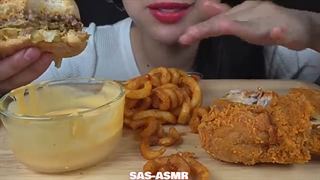 ASMR CHEESY BURGER + FRIED CHICKEN + CHEESE SAUCE (EATING SOUNDS) LIGHT WHISPERS | SAS-ASMR