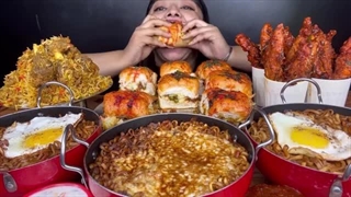 MUTTON BIRYANI, SPICY BLACKBEAN NOODLES WITH CHEESE AND EGGS,SPICY CHICKEN SATAY & CHEESY MASALA PAV